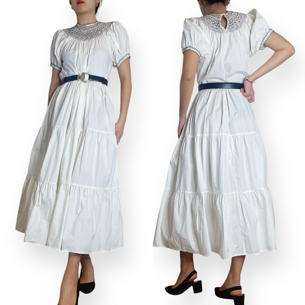 Doen Cream Smocked Yoke Cotton Dress with Black Embroidery - Picture 5 of 16